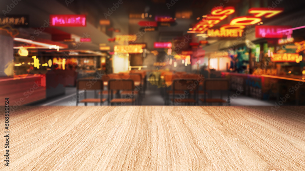 Background of an Asian food restaurant with a wooden platter, mock up