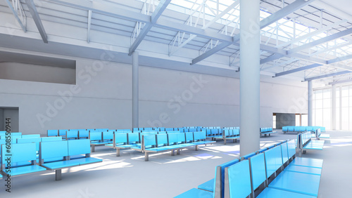 The waiting area of the train station and the large building structure 3d rendering