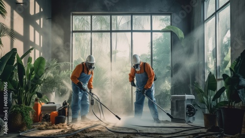 Generative AI exterminate termite control company employee is using a termite sprayer at customer's house and searching for termite nests to eliminate. 