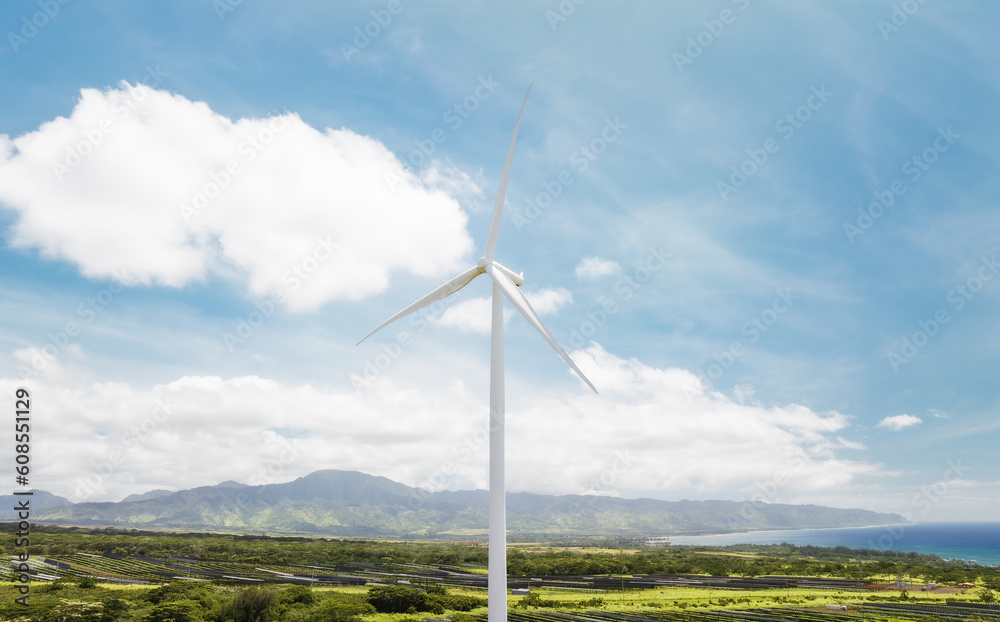 Wind turbine green energy generator in the blue sky Wind turbine green energy generator in the blue sky