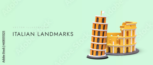 Web poster with realistic 3d Coliseum and Leaning Tower of Pisa in orange colors. Landing page for travel company with place for text. Discover Italian landmarks. Vector illustration