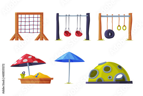 Playground Equipment with Ladder, Sandpit, Umbrella and Hanging Swing Vector Set
