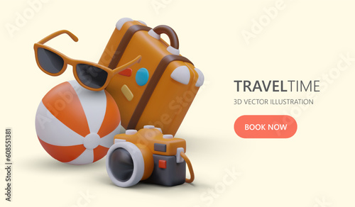 Poster for site of tourist services. Things to take for active recreation at resort. Template about games on beach, beautiful photos, sunbathing. 3D illustration, text, book now button