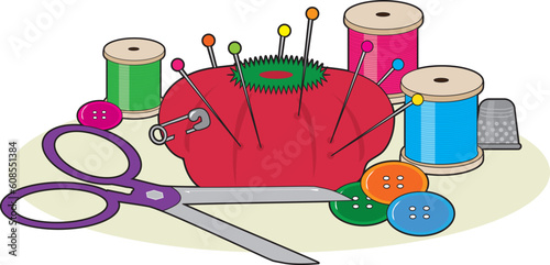 A group of sweing supplies including a pair of scissors,thread,pin cushion,some buttons, pins and a thimble