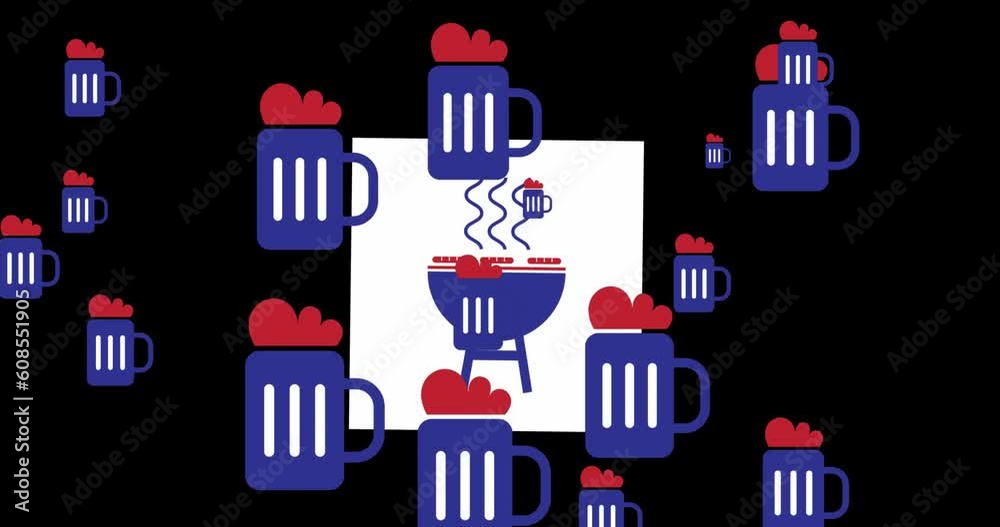 Animation of beer glasses in red and blue colours of flag of united states of america Animation of beer glasses in red and blue colours of flag of united states of america