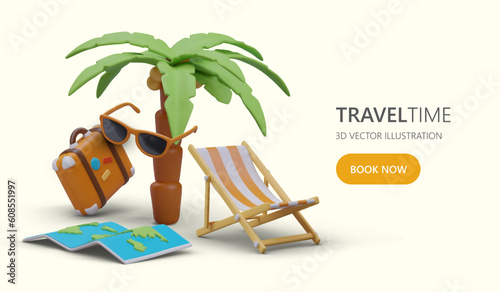 Hurry up to book ocean tour. Advertising layout for travel company. Web design template for social networks, sites. Offers for solo travelers. Poster with 3D elements, text, book now button