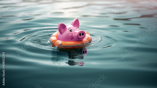 Financial Crisis Concept. Sadness Piggy Bank on Lifebuoy Floating in the Water. Inflation, Recession, Inflation and Depression affect Savings Money. Economic Problem. AI generative