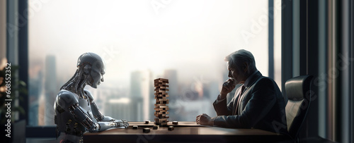 AI Concepts. Senior Businessman Playing with a Humanoid Robot on Tower Wooden Block Stacking Game. Business Strategies to Survive in a World Filled with AI Technology. AI generative