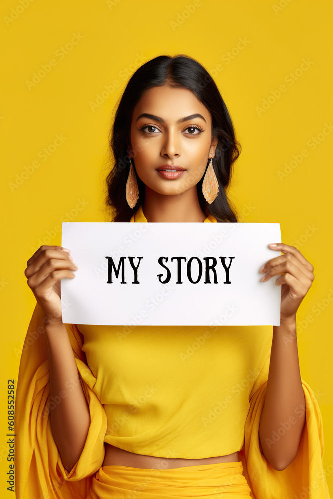 A beautiful young woman holding a blank sign with text, caption My Story. Generative AI. A beautiful young woman holding a blank sign with text, caption My Story. Generative AI.