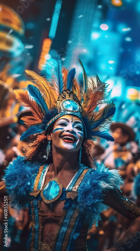 Imaginary dancer in samba costume with feathers on Latin-American street celebration. A grand spectacle of samba parades, vibrant costumes, and lively street parties.