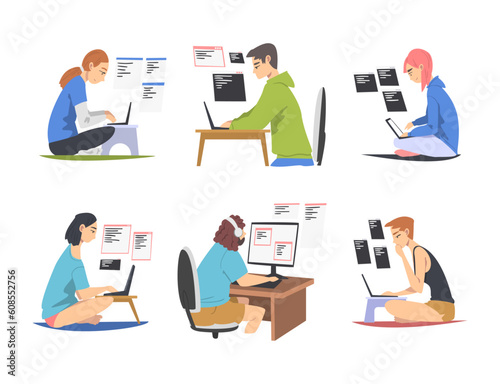 Web Developer or Programmer Working In Front of Computer Screen Vector Illustration Set © topvectors