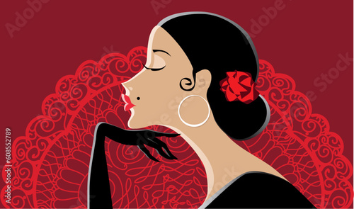 Vector illustration of a beautiful spanish lady, fan in the background