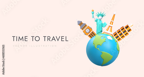 3d realistic globe with famous world sights. Big Ben, Eiffel Tower, Statue of Liberty and Leaning Tower of Pisa. Web poster with place for text. Vector illustration with warm background