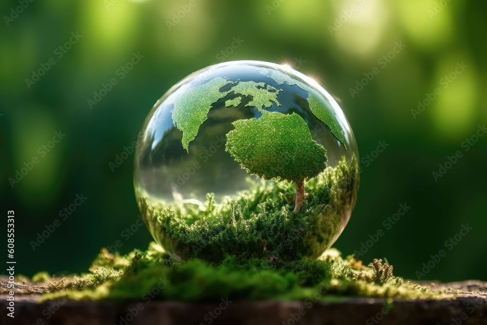 Globe planet glass in green forest with bokeh nature lights. World environment day. Concept for environment conservation, protect ecology earth and environmental eco-friendly life. Generative AI Globe planet glass in green forest with bokeh nature lights. World environment day. Concept for environment conservation, protect ecology earth and environmental eco-friendly life. Generative AI