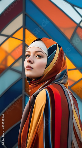 A woman wearing a colorful scarf standing in front of a stained glass window. Generative AI.