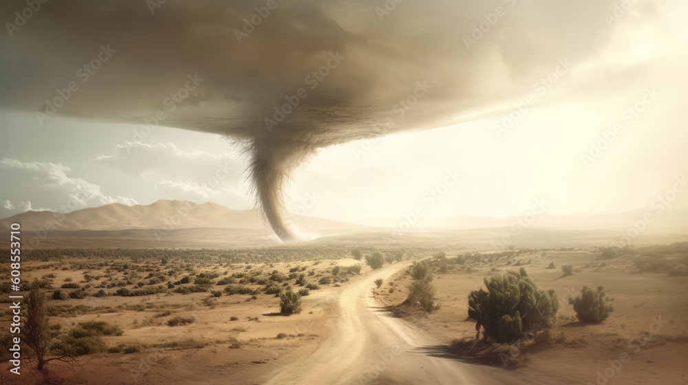 A massive tornado looming over a rural dirt road. Generative ai