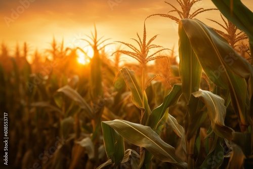 Corn cobs in corn plantation field with sunrise background. Generative AI