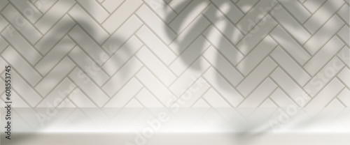 3d kitchen white table background with tile wall for product display with leaves shadow from window. Abstract minimal realistic geometric home showcase interior design. House showroom shelf space