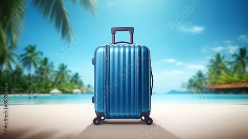 A blue suitcase resting on a sandy beach with the sea in the background. Generative ai © LabirintStudio