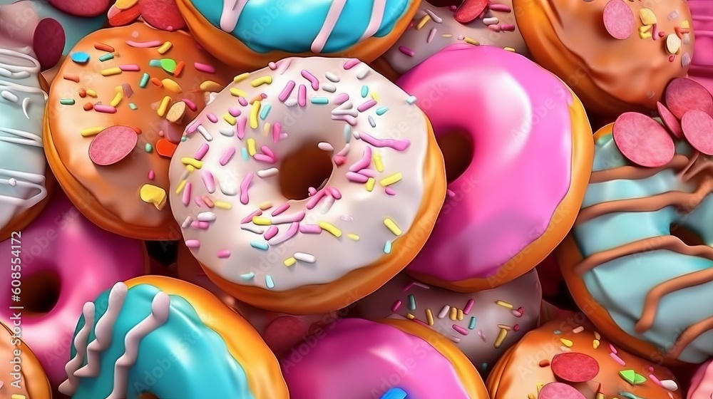 A pile of colorful donuts on a table, ready to be devoured. Generative ai
