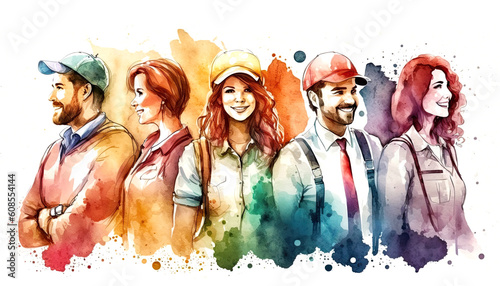 Group of workman in watercolor style , Generative Ai 