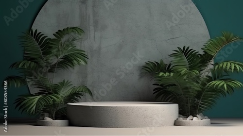 Background products, a podium with stone pedestals and palm leaves on the background, a stand to show cosmetic products. Free space for text. Generative AI