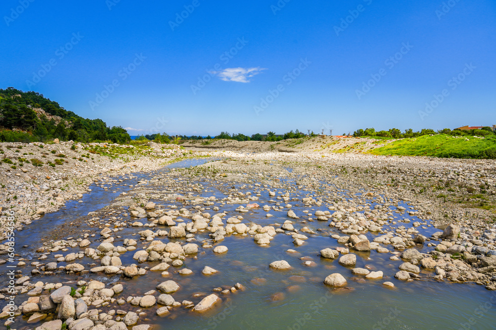 River bed with mountains in the background. Landscape in Turkey.