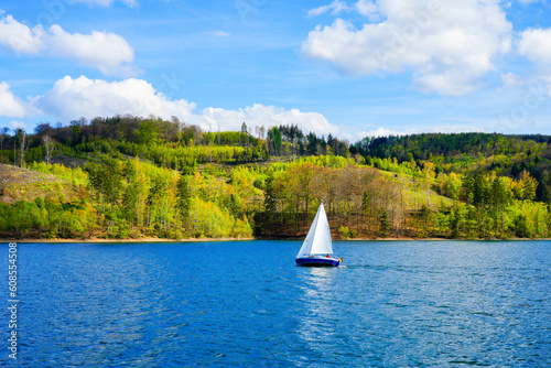 View of the Sorpesee and the surrounding nature near Sundern. Landscape in the Sauerland at the lake with green forests.
 photo