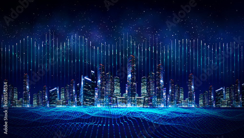 Metaverse smart technology city. Digital futuristic data skyscrapers on technological blue background. Business, science, internet concept 