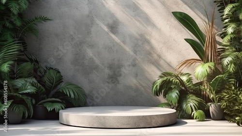 Background products  a podium with stone pedestals and palm leaves on the background  a stand to show cosmetic products. Free space for text. Generative AI