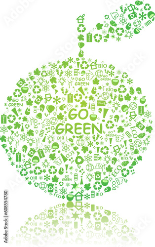 go green ecological pattern apple on white backdrop - bulb, leaf, globe, drop, apple, house, trash. Ecology concept in vector illustration.