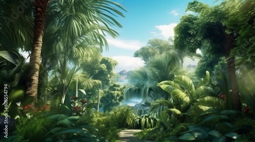 A vibrant tropical jungle with tall palm trees and lush greenery. Generative ai