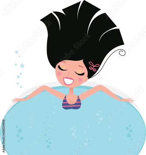 Young pretty woman relaxing in whirlpool. Vector Illustration in retro style.