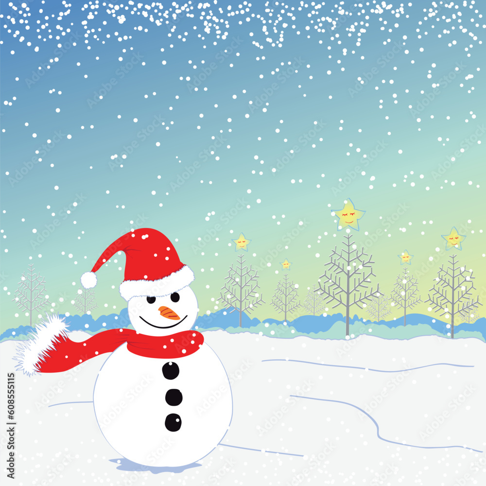 Christmas greeting snowman on white snow land