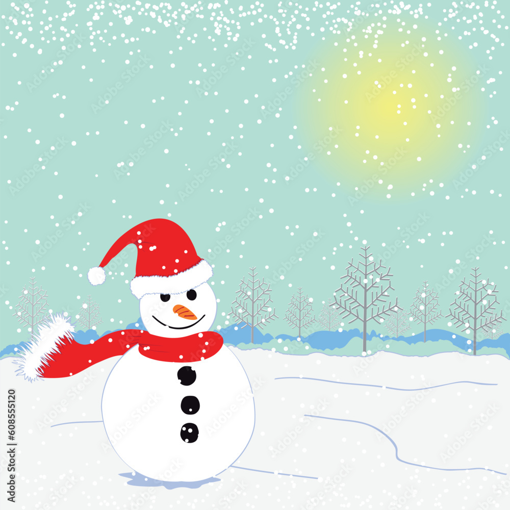 Christmas greeting snowman on white snow land