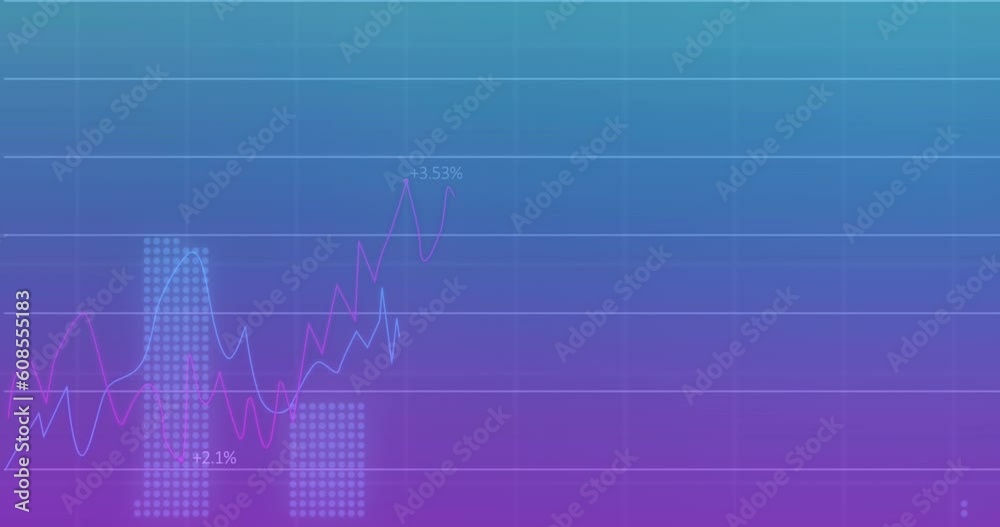Animation of multiple graphs with numbers over grid pattern against gradient background Animation of multiple graphs with numbers over grid pattern against gradient background