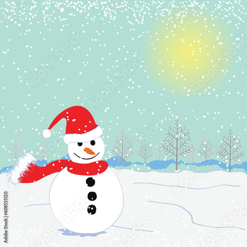 Christmas greeting snowman on white snow land © Designpics