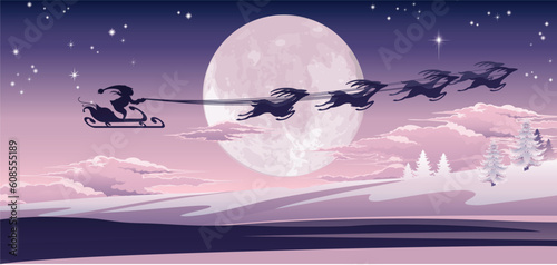 Silhouette of Santa and his reindeer flying through the air over winter scene.