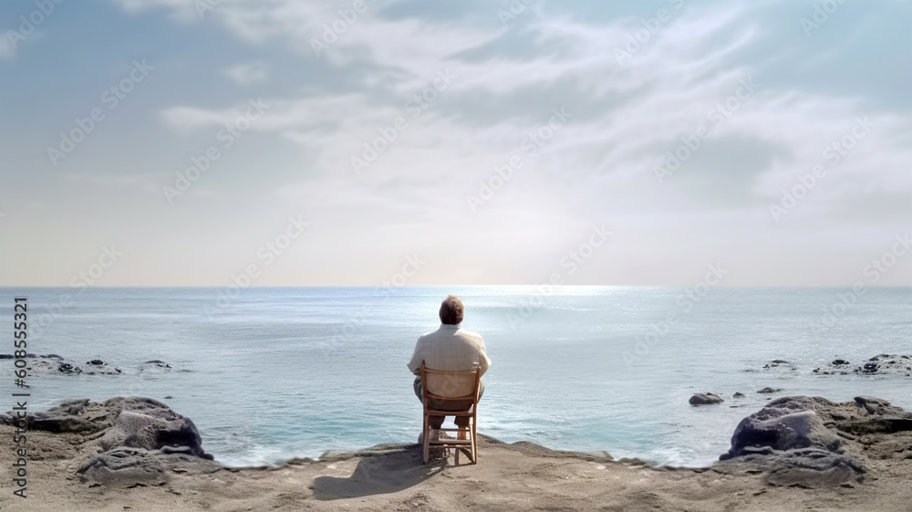 Man sits on a chair on the shore facing the sea, memories, depression and loneliness