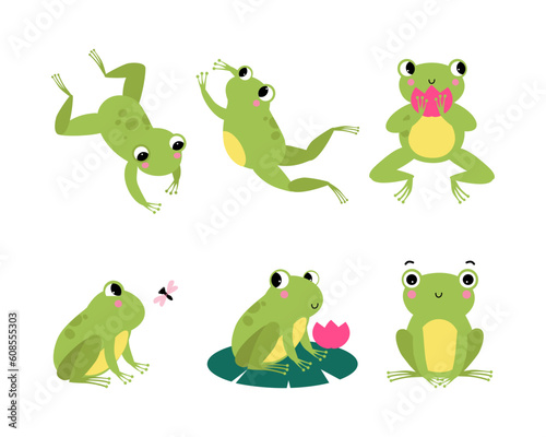 Cute Green Frog with Protruding Eyes Vector Illustration Set