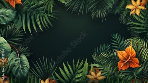 A vibrant green tropical foliage background with leaves and flowers. Generative ai