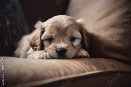 Fotografia Cute Cocker Spaniel Puppy Sleeping on the Sofa AI Generated