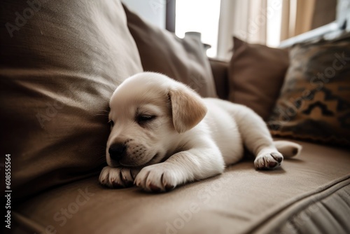 Fototapeta Labrador retriever puppy sleeping on the sofa at home in the living room AI Gene