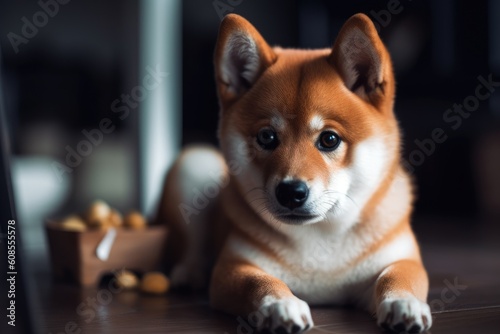 Portrait of a shiba inu dog lying on the floor AI Generated