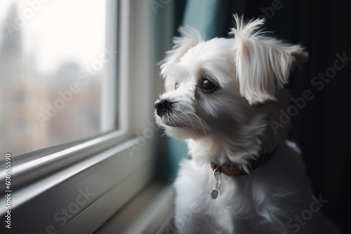 Portrait of a cute Maltese dog sitting on the windowsill AI Generated
