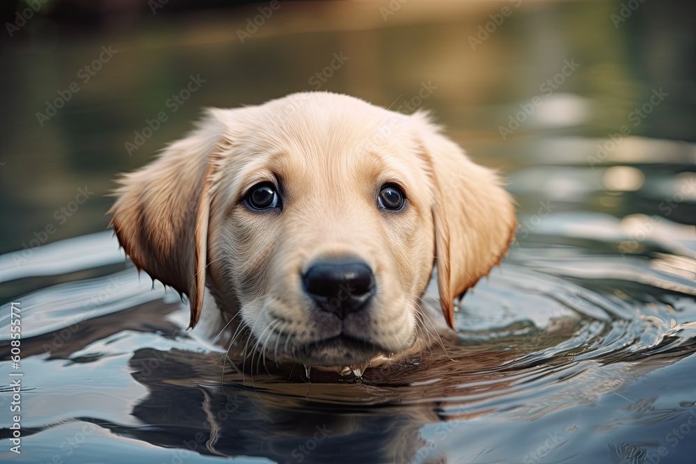 Labrador Retriever puppy swimming in a pool of water. AI Generated Labrador Retriever puppy swimming in a pool of water. AI Generated