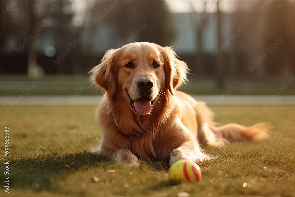 Cute Golden Retriever dog playing with a ball in the park AI Generated ...
