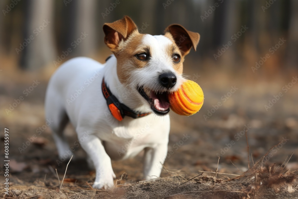 Jack Russell Terrier puppy playing with a ball in the autumn park AI Generated