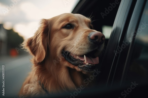 Cute Golden Retriever dog sitting in car and looking out the window