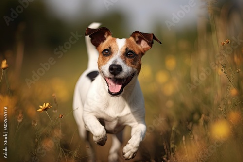 Jack Russell terrier running in the field of yellow flowers AI Generated